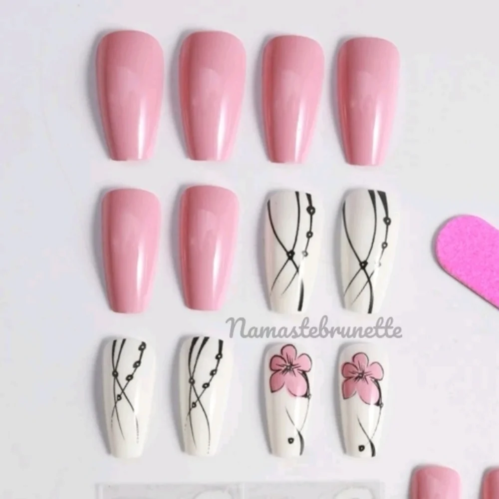 2/$16 Pink Floral Coffin Press On Nails